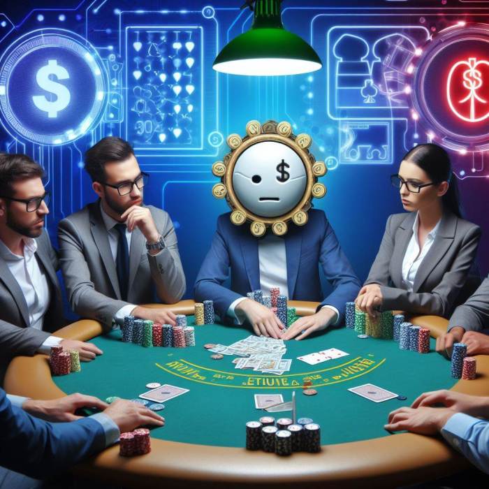 Sebuah meja blackjack digital dengan kartu dan chip, dikelilingi oleh ...